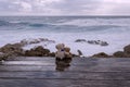 Two teddy bears and stormy sea Royalty Free Stock Photo