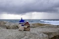 Two teddy bears looking at stormy sea Royalty Free Stock Photo