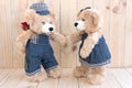 Two teddy bears on wood background Royalty Free Stock Photo