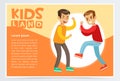 Two teen boys fighting each other, boy bullying classmate, aggressive behavior, kids land banner flat vector element for Royalty Free Stock Photo