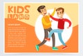 Two teen boys fighting each other, teen kids quarreling, aggressive behavior, kids land banner flat vector element for Royalty Free Stock Photo