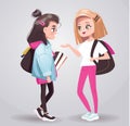 Two teenage girls talking in the school hallway. Two teenage girlfriends chatting