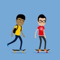 Two teenager boys riding skateboards. Cute cartoon illustration