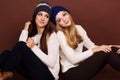 Two teenager girls friends in winter clothes Royalty Free Stock Photo