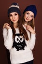 Two teenager girls friends in winter clothes Royalty Free Stock Photo