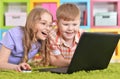 Portrait of teenagers in front of modern laptop