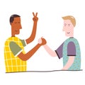 Two teenagers man holding hands each other cartoon characters on a white background. Excited, smiling young men, office workers, Royalty Free Stock Photo