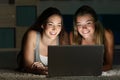 Two teens watching on line content in a laptop