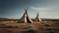 Two teepees in a barren desert-like landscape with no visible human activity or figures Royalty Free Stock Photo