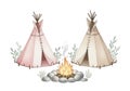 Two teepees with a campfire in a serene wilderness setting. isolated on transparent background Royalty Free Stock Photo