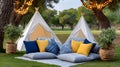 Two teepees with cushions and string lights for glamping Royalty Free Stock Photo