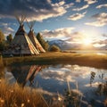 Two teepees in a serene landscape by a tranquil lake