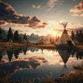 Two teepees in a serene landscape by a tranquil lake