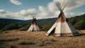 Two teepees set against clear sky, traditional Native American structures, no people visible Royalty Free Stock Photo