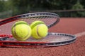 Two tennis balls resting on top of tennis racquet Royalty Free Stock Photo