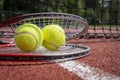 Two tennis balls resting on top of tennis racquet Royalty Free Stock Photo