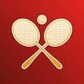 Two tennis racket with ball sign. Golden gradient Icon with contours on redish Background. Illustration.