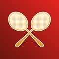 Two tennis racket sign. Golden gradient Icon with contours on redish Background. Illustration.