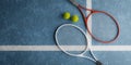 Two tennis rackets and balls on the tennis court, 3d rendering Royalty Free Stock Photo