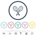 Two tennis rackets flat color icons in round outlines