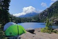 Vancouver Island Mountains Idyllic Tent Camping at Baby Bedwell Lake with View of Mount Tom Taylor, British Columbia, Canada