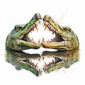 Two terrible toothy crocodiles growl at each other with their mouths open, duel battle of two crocodiles, on a white background Royalty Free Stock Photo