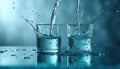 Two test tubes submerged in water. Liquid pours into, creating splashes of scientific discovery. Dynamic experimentation, Royalty Free Stock Photo