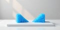 Two textured geometric forms of vibrant blue, composed of many small spheres, rest on a minimalist white platform, casting subtle Royalty Free Stock Photo