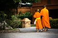 Two Thai monks walking with barefoot