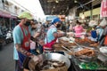 Two Thai vendors sell grilled chicken at the market