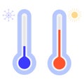 Two thermometer icons with sun and snowflake. Hot and cold temperature, blue and red. Meteorology and weather symbols Royalty Free Stock Photo