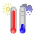 Two thermometers show cold and warm. Vector flat design