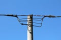 Two thick bunches of black electrical wires connected at top of concrete utility pole