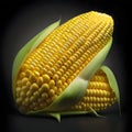 Two thick yellow corn mare with leaf on black background. Corn as a dish of thanksgiving for the harvest Royalty Free Stock Photo