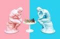 Two Thinkers Pondering The Chess Game On Pink And Blue Backgrounds