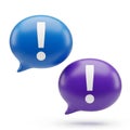 Two 3D Speech Bubbles, One Blue and One Purple, with Exclamation Marks on a White Background Royalty Free Stock Photo