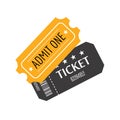 Two tickets close up top view isolated on white background. Ticket icon. Concert, cinema, theater, play, party, event, festival