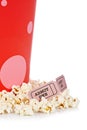 Two tickets and popcorn bucket Royalty Free Stock Photo