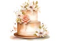 Two-tier cake in pastel color with flowers in watercolor style on a white background. Happy Birthday.