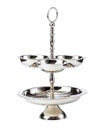 Two tier cake stand over white background. Stainless steel fruit plate