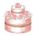 Two-tier cake with white cream and rose flowers Watercolor illustrations for menu and packaging design, window dressing