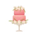 Two-tier pink cake on a white stand with a leg. Vector illustration on white background.