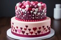 Two-tier romantic cake decorated with pastry hearts in red, pink, and white colors