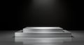 Two tiered brushed aluminum display podium with horizontal texture lines on a reflective surface stage Royalty Free Stock Photo