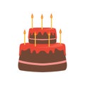Two-tiered cake with red glaze and seven burning candles. Tasty dessert for Birthday celebration. Sweet pie. Cartoon Royalty Free Stock Photo