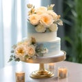 Two-tiered pastel white and light blue wedding cake decorated with pastel creamy roses on table with candles. Illustration for Royalty Free Stock Photo