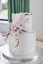 Two-tiered water color wedding cake decorated with non-edible cascading blossoms in pastel pink Royalty Free Stock Photo