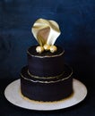 Two tiered wedding black chocolate cake with golden twist Royalty Free Stock Photo
