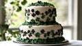 Two Tiered Wedding Cake Decorated with Green and Black Clovers Royalty Free Stock Photo