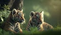 Two tiger cubs in the grass looking at the camera. Close-up.
